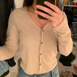 faux button cropped tan ribbed long sleeve